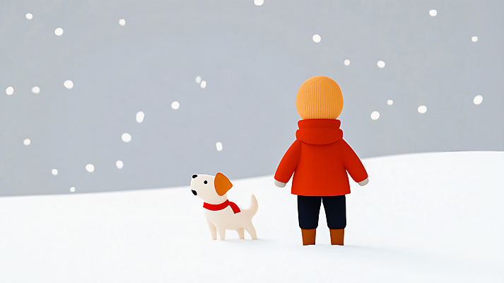 JPG 전신 어린이 겨울 일러스트 한명 서기 뒷모습 귀여움 설원 목도리 강아지 겨울옷 동행 빨간옷 눈내림 겨울풍경 미니멀 눈덮임 국내일러스트 AI일러스트 AI콘텐츠 1 잡화 옷 계절 뷰포인트 컨셉 모션 눈_날씨 사람 풍경 반려동물 개 파일형식