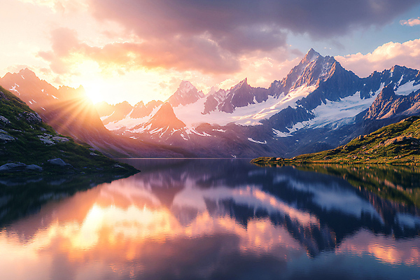 JPG 구름 편집이미지 호수 자연 하늘 풍경 사람없음 햇빛 반사 설산 산맥 편집실사 AI포토 AI콘텐츠 자연요소 산 태양 CG 생태계 파일형식