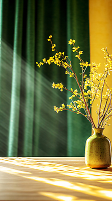 JPG 편집이미지 꽃 탁자 휴식 그림자 사람없음 초록색 인테리어 햇빛 노란색 꽃병 커튼 편안함 편집실사 AI포토 AI콘텐츠 식물 디자인 컬러 가구 컨셉 태양 감각 CG 파일형식