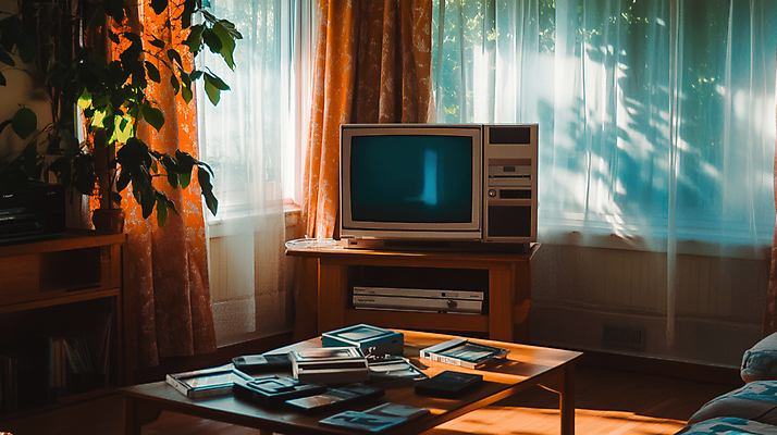 JPG 편집이미지 잎 거실 그림자 사람없음 햇빛 주황색 텔레비전 카세트테이프 빈티지 커튼 복고 편집실사 AI포토 AI콘텐츠 식물 컬러 컨셉 전자제품 태양 CG 파일형식
