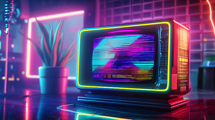 JPG 편집이미지 화분 사람없음 빛 컬러풀 텔레비전 빈티지 복고 네온 편집실사 AI포토 AI콘텐츠 컬러 컨셉 전자제품 CG 파일형식