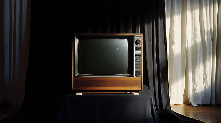 JPG 편집이미지 사람없음 햇빛 검은색 텔레비전 어둠 빈티지 커튼 복고 편집실사 AI포토 AI콘텐츠 컬러 컨셉 전자제품 태양 CG 파일형식