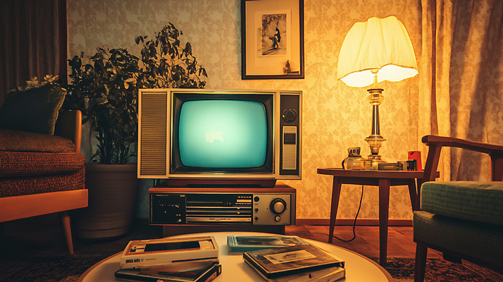 JPG 편집이미지 화분 액자 거실 조명 사람없음 소파 갈색 텔레비전 카세트테이프 빈티지 복고 편집실사 AI포토 AI콘텐츠 컬러 컨셉 의자 전자제품 CG 파일형식