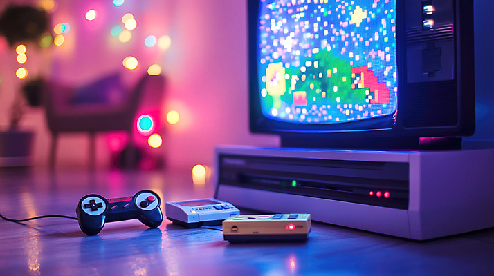 JPG 편집이미지 거실 사람없음 보라색 텔레비전 게임 빈티지 게임기 복고 보케 픽셀 편집실사 AI포토 AI콘텐츠 컬러 컨셉 놀이 전자제품 CG 파일형식
