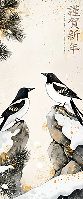 PSD 템플릿 배너 근하신년 새해 풍경 사람없음 컬러풀 새해인사 소나무 까치 이미지템플릿 나무 컬러 조류 인사 파일형식