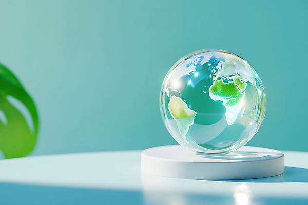 JPG 편집이미지 지구 하늘색 잎 그림자 사람없음 모형 깨끗함 원형 디지털합성 유리구슬 포디움 편집실사 AI컴퓨터그래픽 AI콘텐츠 도형 식물 컨셉 유리 파란색 무대 구슬 CG 파일형식