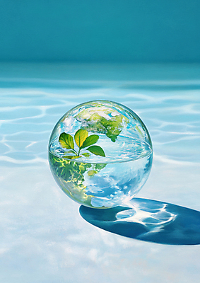 JPG 편집이미지 지구 하늘색 잎 그림자 사람없음 물 모형 깨끗함 원형 디지털합성 유리구슬 편집실사 AI컴퓨터그래픽 AI콘텐츠 자연요소 도형 식물 컨셉 유리 파란색 구슬 CG 파일형식