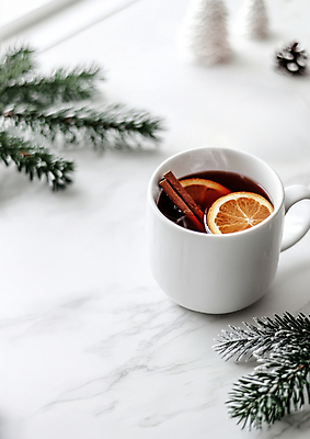 JPG 편집이미지 겨울 오렌지 잔 건강 사람없음 흰색 차 수증기 감기 디지털합성 슬라이스 솔잎 시나몬 뱅쇼 편집실사 AI포토 AI콘텐츠 식기 계절 음료 컬러 잎 과일 와인 질병 CG 파일형식