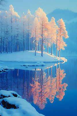 JPG 나무 편집이미지 호수 설경 겨울 풍경 사람없음 파란색 반사 눈 쌓인눈 설산 편집실사 AI포토 AI콘텐츠 자연요소 식물 계절 컬러 날씨 산 CG 파일형식