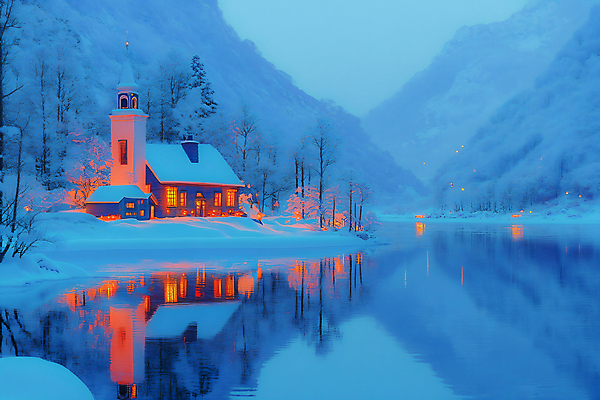 JPG 나무 편집이미지 호수 설경 겨울 풍경 사람없음 파란색 빛 반사 교회 쌓인눈 설산 편집실사 AI포토 AI콘텐츠 식물 계절 컬러 종교건축 산 건물 CG 파일형식