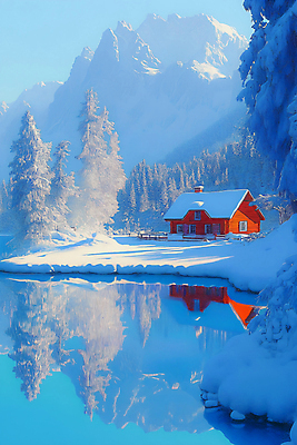 JPG 나무 편집이미지 호수 설경 겨울 주택 사람없음 파란색 반사 눈 쌓인눈 설산 편집실사 AI포토 AI콘텐츠 자연요소 식물 계절 컬러 날씨 산 풍경 건물 CG 파일형식