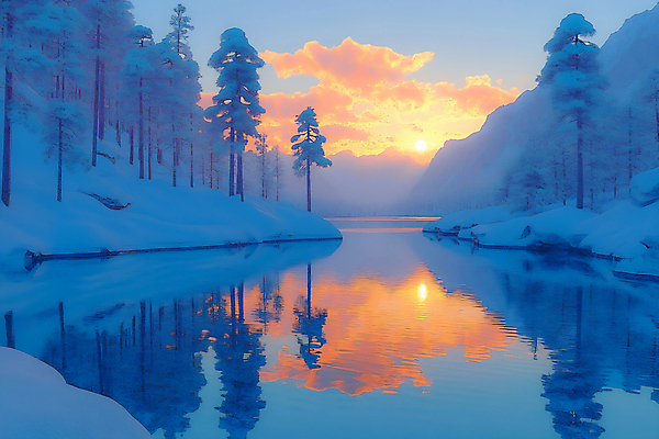 JPG 구름 편집이미지 호수 설경 겨울 사람없음 파란색 빛 태양 반사 일몰 눈 숲 쌓인눈 설산 편집실사 AI포토 AI콘텐츠 자연요소 계절 컬러 날씨 산 풍경 노을 CG 파일형식