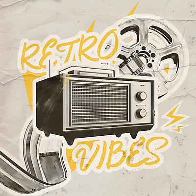 PSD 편집이미지 스티커 사람없음 노란색 검은색 필름 라디오 질감 복고 콜라주 번개모양 이미지편집 모양 컬러 전자제품 번개 파일형식