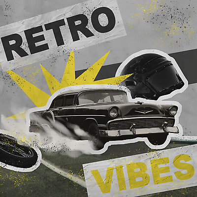 PSD 편집이미지 스티커 자동차 사람없음 노란색 검은색 바퀴 연기 헬멧 질감 복고 콜라주 이미지편집 육상교통 컬러 보호장비 파일형식