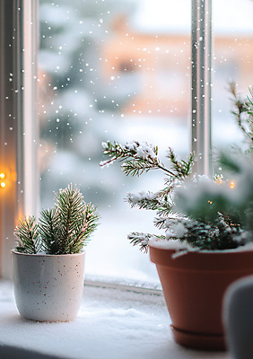 JPG 편집이미지 화분 겨울 사람없음 인테리어 흰색 눈 창가 창틀 솔잎 쌓인눈 편집실사 AI포토 AI콘텐츠 자연요소 디자인 계절 컬러 잎 창문 날씨 CG 파일형식