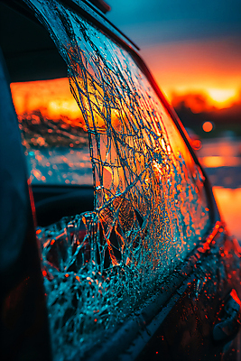 JPG 편집이미지 창문 자동차 유리 사람없음 햇빛 일몰 교통사고 사건 보케 깨짐 차사고 편집실사 AI포토 AI콘텐츠 육상교통 컨셉 재질 태양 노을 CG 파일형식