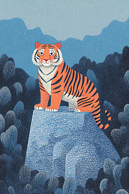 JPG 나무 일러스트 사람없음 파란색 바위 호랑이 숲 백두산 국내일러스트 AI일러스트 AI콘텐츠 식물 컬러 포유류 산 돌_바위 파일형식