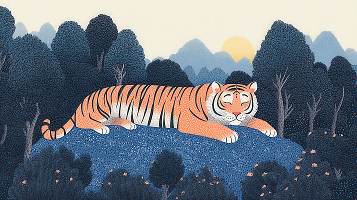 JPG 나무 엎드리기 일러스트 사람없음 태양 눈감음 잠 호랑이 숲 백두산 국내일러스트 AI일러스트 AI콘텐츠 자연요소 식물 포유류 모션 산 파일형식