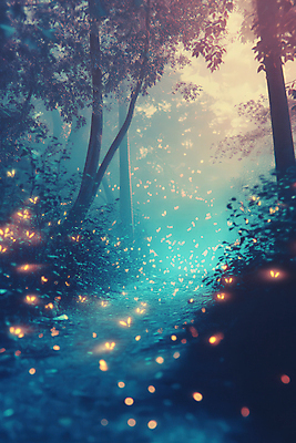 JPG 나무 편집이미지 사람없음 꿈 숲 신비 숲길 민트색 반딧불이 몽환 이미지편집 편집실사 AI컴퓨터그래픽 AI콘텐츠 식물 길 컬러 곤충 컨셉 CG 파일형식