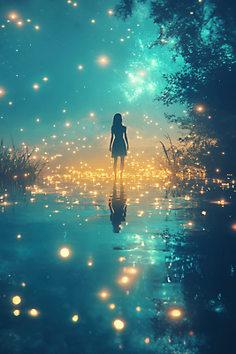 JPG 전신 나무 편집이미지 여자 실루엣 한명 성인 물 반사 꿈 풀 신비 별빛 민트색 몽환 성인여자한명만 이미지편집 편집실사 AI컴퓨터그래픽 AI콘텐츠 자연요소 식물 1 별 컬러 컨셉 촬영기법 사람 빛 CG 여자한명만 성인여자만 파일형식