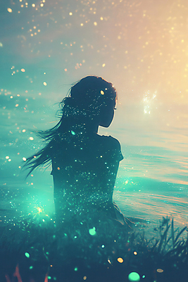 JPG 편집이미지 여자 실루엣 한명 상반신 성인 물 노을 꿈 풀 신비 별빛 민트색 몽환 성인여자한명만 이미지편집 편집실사 AI컴퓨터그래픽 AI콘텐츠 자연요소 식물 1 별 컬러 컨셉 촬영기법 사람 빛 CG 여자한명만 성인여자만 파일형식