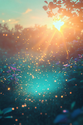 JPG 편집이미지 잎 꽃밭 사람없음 햇빛 정원 꿈 신비 민트색 반딧불이 몽환 이미지편집 편집실사 AI컴퓨터그래픽 AI콘텐츠 식물 꽃 컬러 곤충 컨셉 태양 CG 파일형식