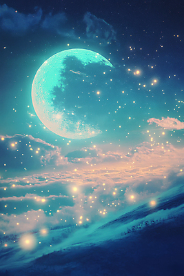 JPG 구름 편집이미지 밤하늘 사람없음 우주 꿈 달 신비 별빛 민트색 몽환 이미지편집 편집실사 AI컴퓨터그래픽 AI콘텐츠 자연요소 별 컬러 컨셉 하늘 빛 야간 CG 파일형식