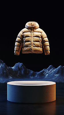 JPG 편집이미지 패션 겨울 사람없음 검은색 추위 디지털합성 겨울옷 패딩 아우터 포디움 산맥 편집실사 AI컴퓨터그래픽 AI콘텐츠 옷 계절 컬러 산 점퍼 무대 CG 파일형식