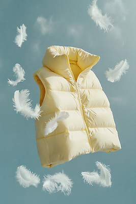 JPG 편집이미지 패션 겨울 사람없음 노란색 추위 깃털 디지털합성 겨울옷 아우터 패딩조끼 편집실사 AI컴퓨터그래픽 AI콘텐츠 옷 계절 컬러 조끼 CG 패딩 파일형식