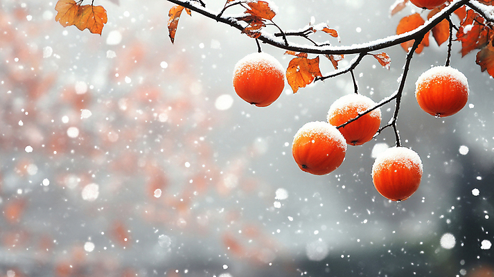 JPG 편집이미지 겨울 나뭇잎 매달리기 감 풍경 사람없음 나뭇가지 시골 눈 디지털합성 홍시 쌓인눈 편집실사 AI포토 AI콘텐츠 자연요소 나무 계절 잎 과일 모션 날씨 CG 파일형식