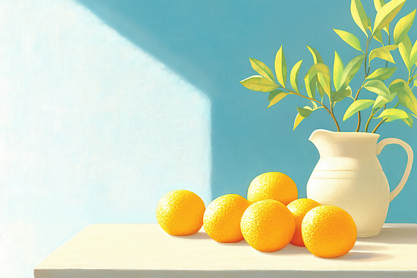 JPG 하늘색 잎 일러스트 그림자 사람없음 노란색 꽃병 유자 국내일러스트 AI일러스트 AI콘텐츠 식물 꽃 컬러 과일 파란색 파일형식