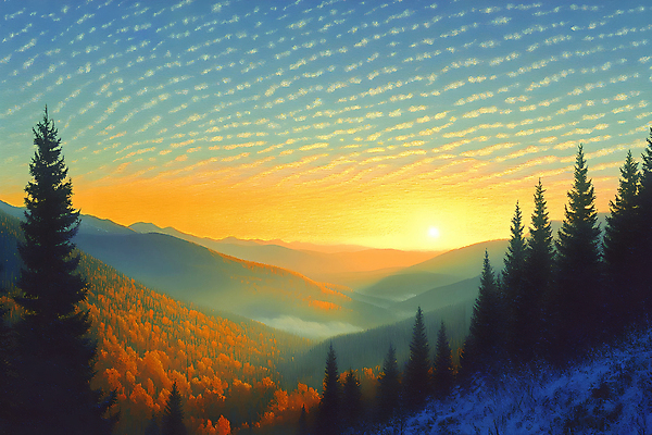 JPG 나무 설경 일러스트 자연 하늘 사람없음 빛 태양 노을 일몰 숲 설산 국내일러스트 AI일러스트 AI콘텐츠 자연요소 식물 겨울 산 풍경 생태계 파일형식