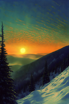 JPG 나무 설경 일러스트 자연 하늘 사람없음 빛 태양 노을 일몰 숲 설산 국내일러스트 AI일러스트 AI콘텐츠 자연요소 식물 겨울 산 풍경 생태계 파일형식