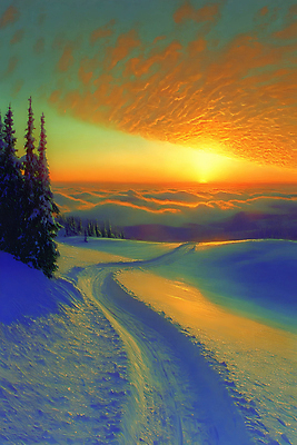 JPG 나무 설경 일러스트 자연 하늘 사람없음 빛 태양 노을 설원 일몰 숲 눈길 설산 국내일러스트 AI일러스트 AI콘텐츠 자연요소 식물 길 겨울 산 눈_날씨 풍경 생태계 파일형식