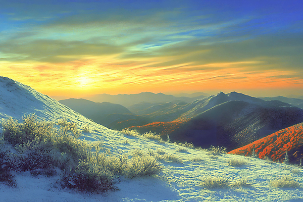 JPG 나무 설경 일러스트 자연 하늘 사람없음 빛 태양 노을 일몰 풀 숲 설산 국내일러스트 AI일러스트 AI콘텐츠 자연요소 식물 겨울 산 풍경 생태계 파일형식