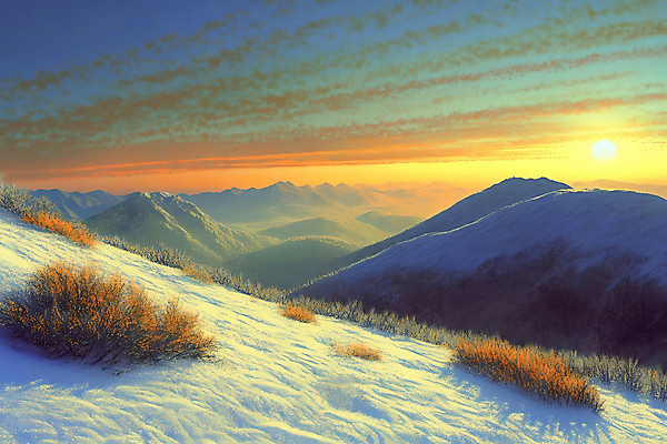 JPG 나무 설경 일러스트 자연 하늘 사람없음 빛 태양 노을 일몰 풀 숲 설산 국내일러스트 AI일러스트 AI콘텐츠 자연요소 식물 겨울 산 풍경 생태계 파일형식