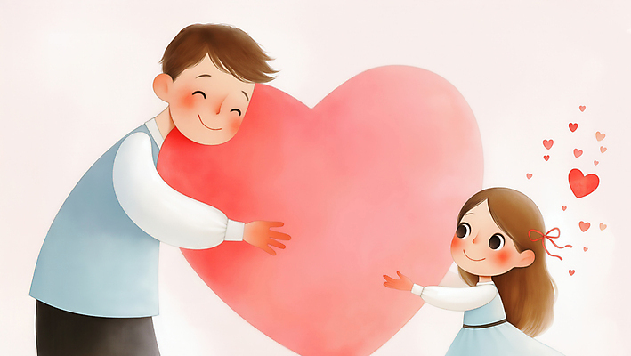 JPG 여자 남자 행복 리본 어린이 분홍색 일러스트 가족 미소 들기 소녀 상반신 성인 두명 하트 부녀 국내일러스트 AI일러스트 AI콘텐츠 모양 딸 감정 컬러 관계 모션 표정 사람 아빠 파일형식