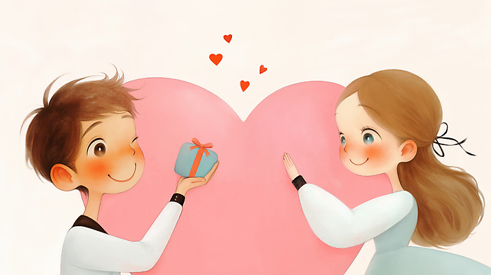 JPG 커플 여자 남자 행복 리본 분홍색 일러스트 사랑 윙크 미소 들기 소녀 소년 상반신 두명 선물상자 하트 어린이만 국내일러스트 AI일러스트 AI콘텐츠 모양 감정 어린이 컬러 관계 모션 표정 선물 사람 상자 파일형식