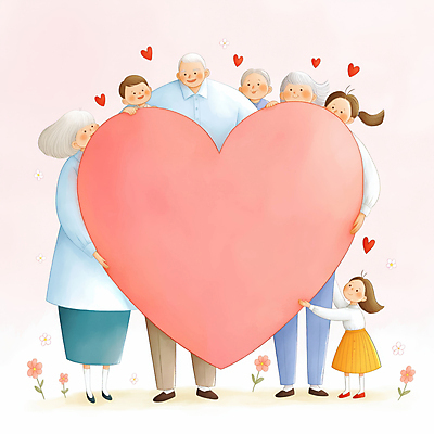 JPG 전신 여자 할아버지 노년 남자 꽃 행복 할머니 어린이 분홍색 일러스트 가족 손자 손녀 사랑 미소 들기 소녀 소년 여러명 성인 하트 조부모 국내일러스트 AI일러스트 AI콘텐츠 모양 식물 감정 컬러 다수 관계 모션 표정 사람 손주 파일형식
