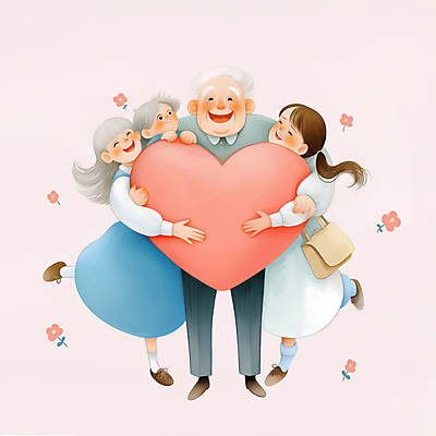 JPG 전신 여자 할아버지 노년 남자 꽃 행복 어린이 분홍색 가방 일러스트 가족 손자 손녀 미소 들기 소녀 소년 여러명 성인 하트 조부모 국내일러스트 AI일러스트 AI콘텐츠 모양 식물 잡화 감정 컬러 다수 관계 모션 표정 사람 손주 파일형식