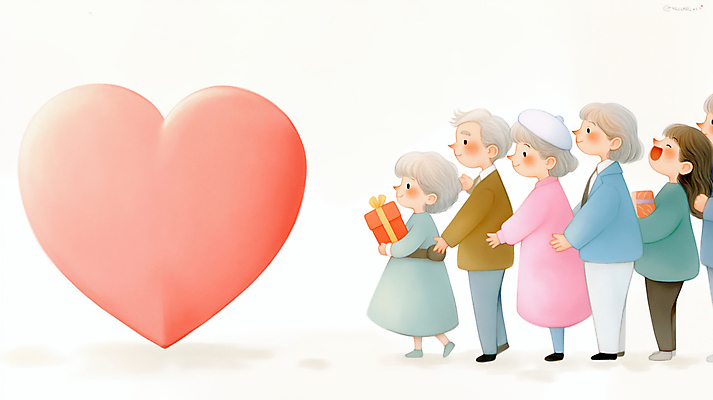 JPG 전신 여자 할아버지 노년 남자 행복 할머니 일러스트 미소 들기 여러명 성인 선물상자 하트 줄서기 국내일러스트 AI일러스트 AI콘텐츠 모양 감정 다수 모션 표정 선물 사람 상자 파일형식