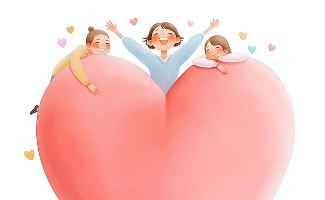 JPG 여자 행복 분홍색 일러스트 미소 들기 성인 세명 만세 하트 성인여자만 국내일러스트 AI일러스트 AI콘텐츠 모양 감정 컬러 모션 표정 사람 여자만 성인만 파일형식