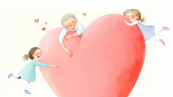 JPG 전신 여자 남자 행복 어린이 분홍색 일러스트 미소 소녀 성인 세명 하트 잡기 물기 국내일러스트 AI일러스트 AI콘텐츠 모양 감정 컬러 모션 표정 사람 파일형식