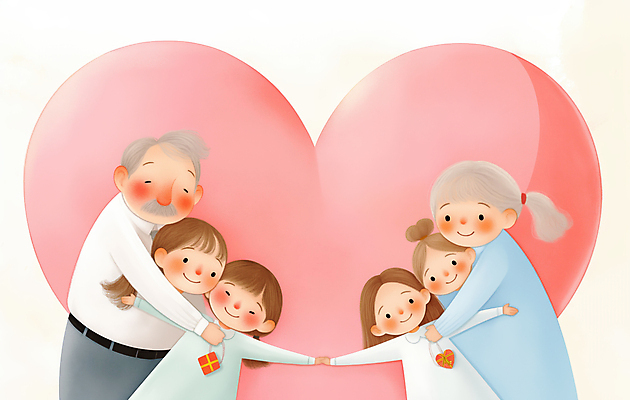 JPG 여자 할아버지 노년 남자 행복 할머니 어린이 분홍색 일러스트 가족 포옹 손녀 선물 미소 들기 소녀 여러명 상반신 손잡기 하트 조부모 국내일러스트 AI일러스트 AI콘텐츠 모양 감정 컬러 다수 관계 안기 모션 표정 사람 성인 손주 파일형식