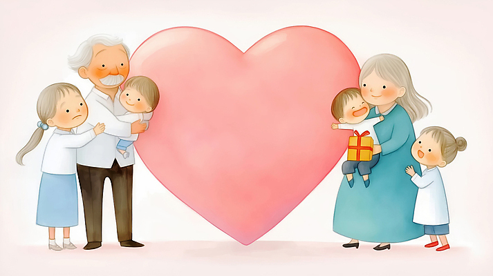 JPG 전신 여자 할아버지 노년 남자 행복 할머니 어린이 분홍색 일러스트 가족 포옹 손자 손녀 미소 들기 소녀 소년 여러명 선물상자 하트 조부모 국내일러스트 AI일러스트 AI콘텐츠 모양 감정 컬러 다수 관계 안기 모션 표정 선물 사람 성인 상자 손주 파일형식