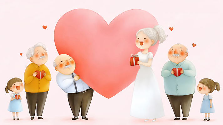 JPG 전신 여자 할아버지 노년 남자 행복 어린이 분홍색 일러스트 선물 미소 들기 소녀 여러명 성인 하트 국내일러스트 AI일러스트 AI콘텐츠 모양 감정 컬러 다수 모션 표정 사람 파일형식