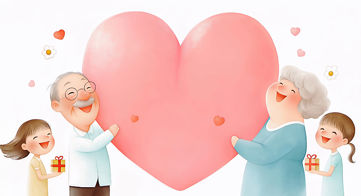 JPG 여자 할아버지 노년 남자 행복 안경 할머니 어린이 분홍색 일러스트 가족 손녀 미소 들기 소녀 여러명 상반신 선물상자 하트 조부모 국내일러스트 AI일러스트 AI콘텐츠 모양 잡화 감정 컬러 다수 관계 모션 표정 선물 사람 성인 상자 손주 파일형식