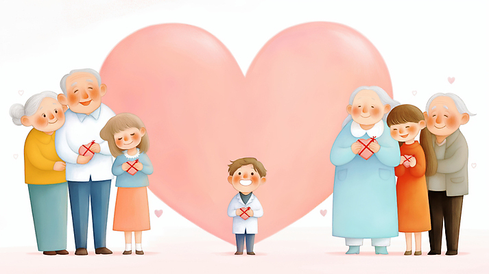 JPG 전신 여자 할아버지 노년 남자 행복 할머니 어린이 분홍색 일러스트 가족 손자 손녀 선물 미소 들기 소녀 소년 여러명 기댐 하트 동반자 조부모 국내일러스트 AI일러스트 AI콘텐츠 모양 감정 컬러 다수 관계 모션 표정 사람 성인 손주 파일형식