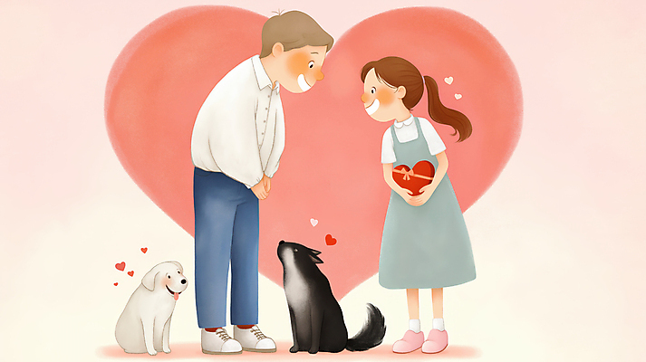 JPG 전신 커플 여자 남자 행복 분홍색 일러스트 선물 사랑 미소 들기 성인 두명 하트 강아지 손모으기 성인만 국내일러스트 AI일러스트 AI콘텐츠 모양 감정 컬러 관계 모션 표정 사람 손짓 반려동물 개 파일형식