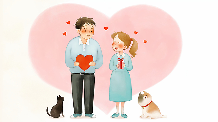 JPG 전신 커플 여자 남자 행복 분홍색 일러스트 선물 사랑 미소 들기 성인 두명 고양이 하트 강아지 성인만 국내일러스트 AI일러스트 AI콘텐츠 모양 감정 컬러 포유류 관계 모션 표정 사람 반려동물 개 파일형식